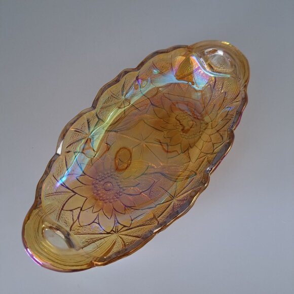 Indiana Marigold Carnival Glass Sunflower Celery Candy Dish Two Handles Vintage - Picture 4 of 11